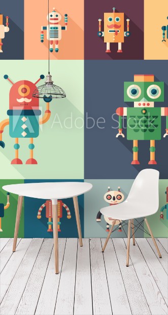 Picture of Set of colorful robots flat square icons with long shadows